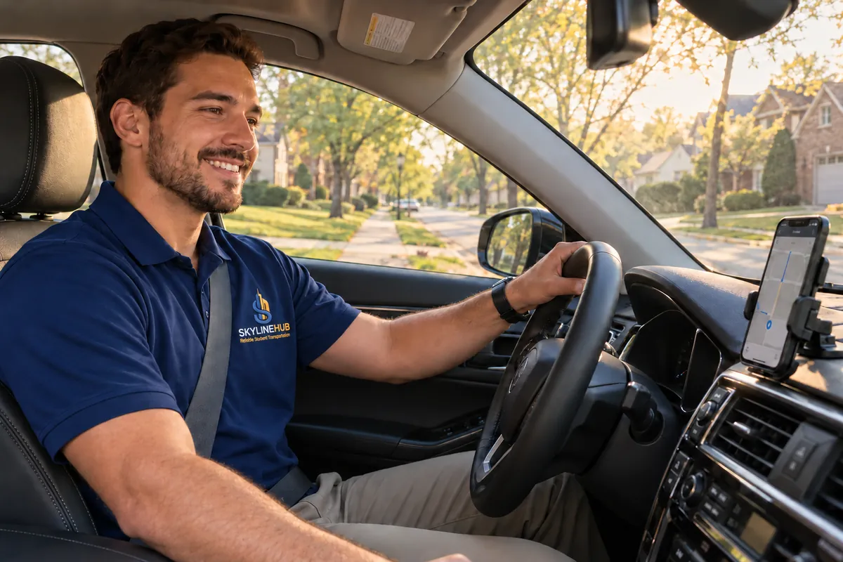 SkylineHub driver smiling behind the wheel of his own car on a suburban route