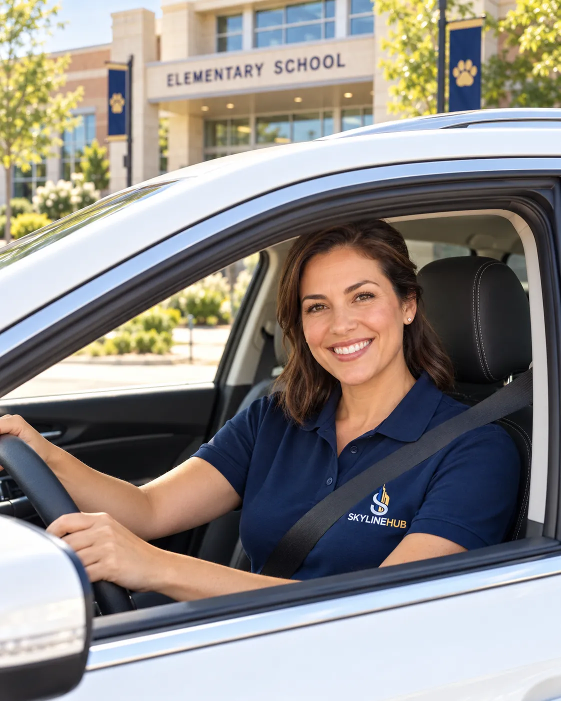 Smiling SkylineHub driver in her car outside an elementary school