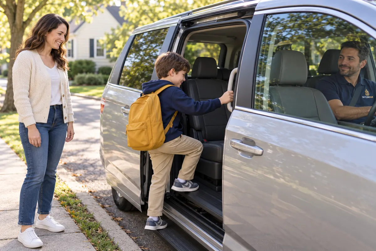 SkylineHub driver waiting in his minivan as a student climbs in for a morning pickup at home