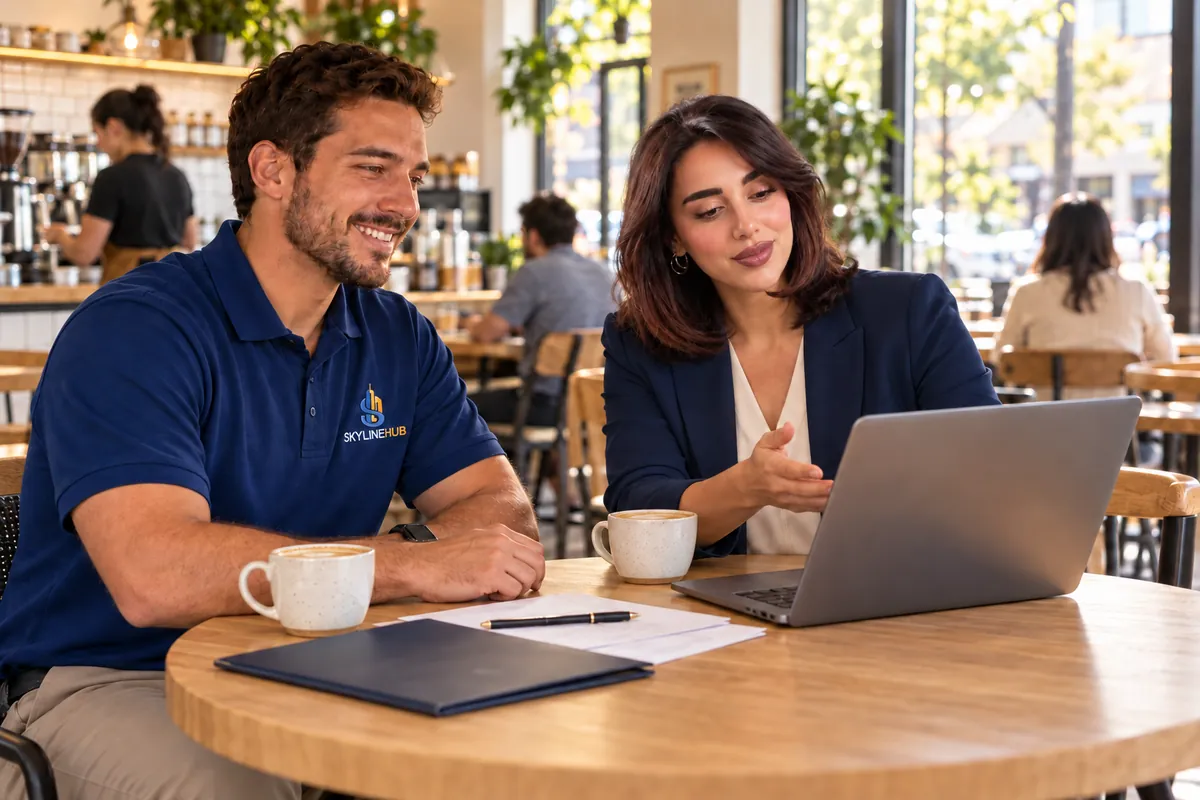 New SkylineHub driver going over onboarding steps with a team member at a cafe