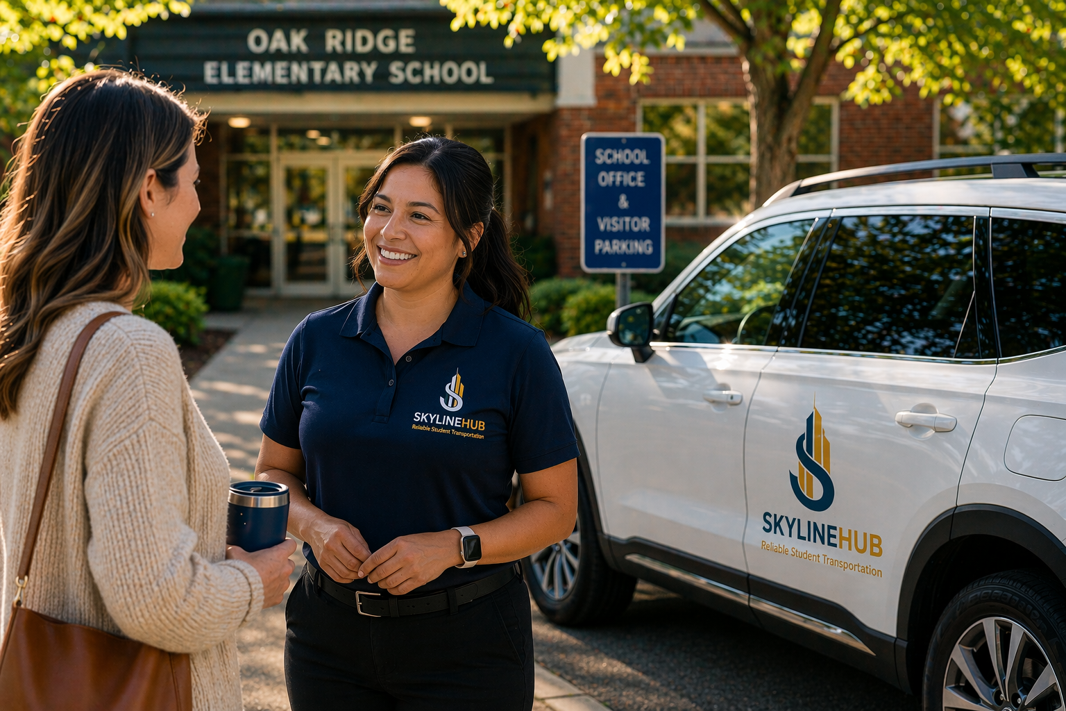 SkylineHub driver greeting students near a vehicle before pickup