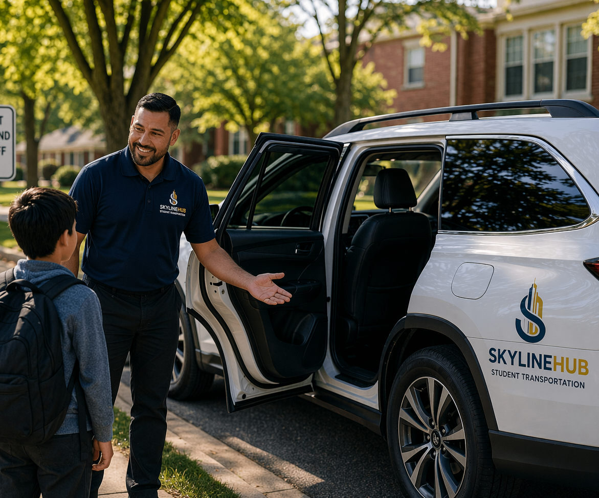 Morning student transportation handoff with parent, child, driver, and vehicle