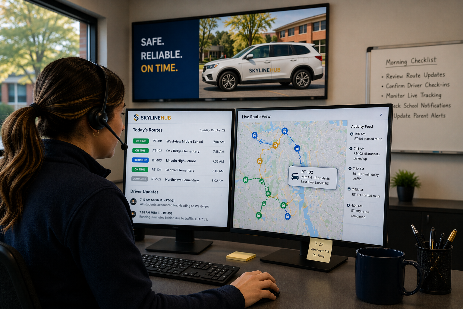 SkylineHub driver and students in a school pickup setting